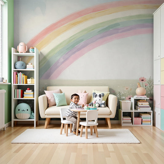 Kids-Mundo pastel rainbow meadow wall mural styled on a feature wall in a bright nursery.