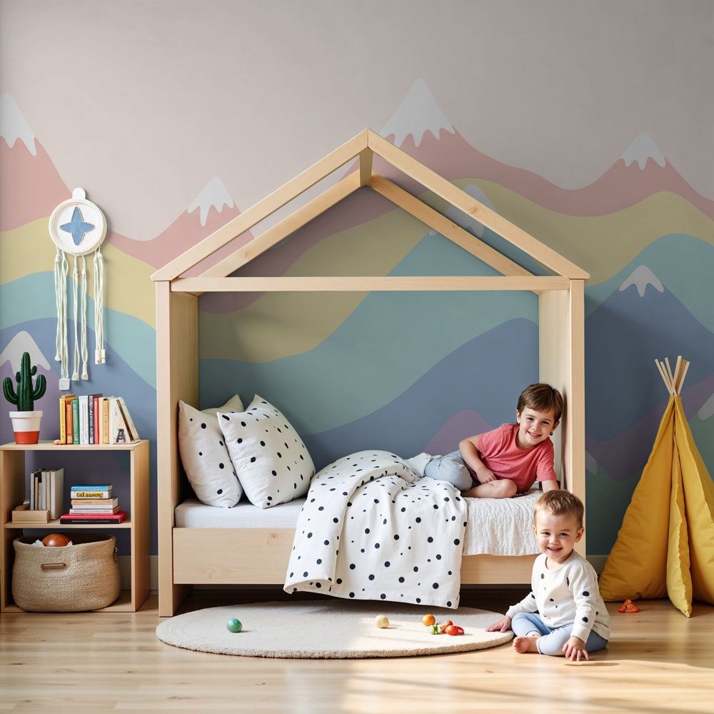 Kids-Mundo pastel rainbow mountain wall mural styled in a calm, colourful nursery setting.