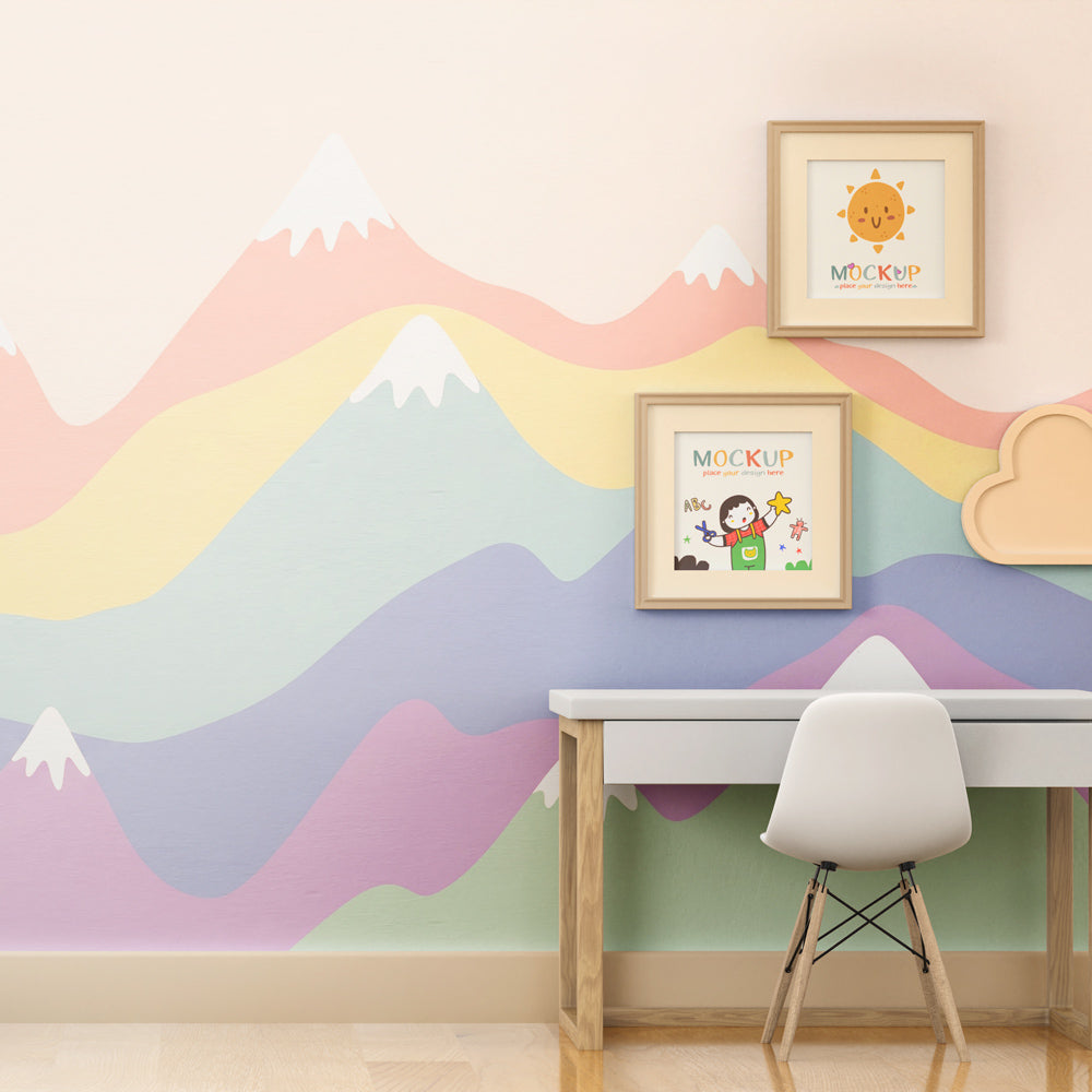 Kids-Mundo pastel rainbow mountain mural adding colour to a family playroom wall.