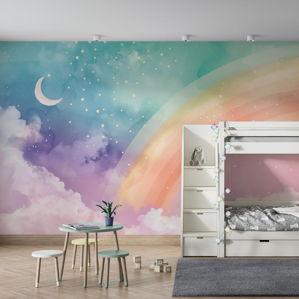 Kids-Mundo watercolour rainbow wall mural shown in a soft pastel kids' bedroom