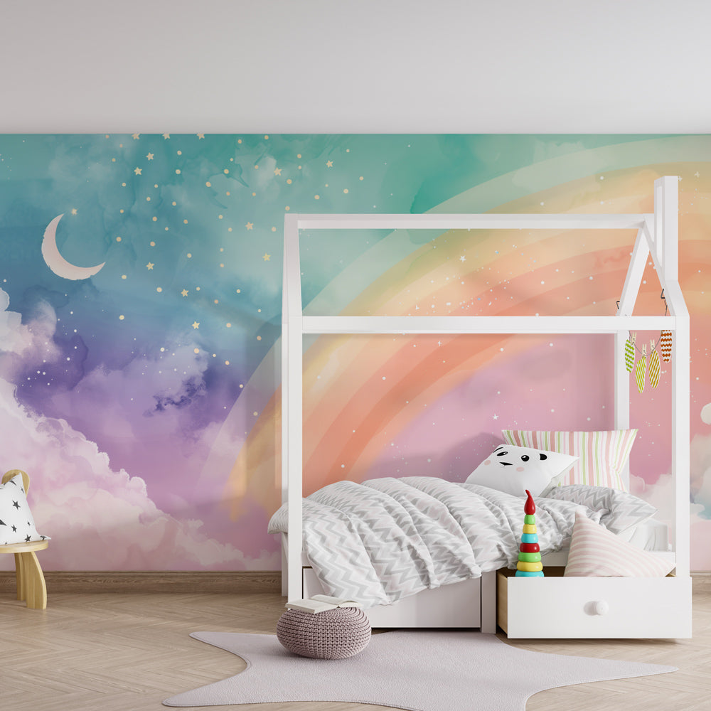 Kids-Mundo rainbow sky wall mural with clouds and stars displayed in a bright playroom