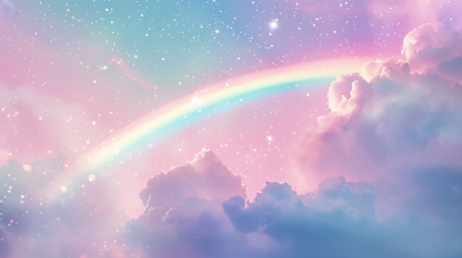 Kids-Mundo pastel rainbow wall mural flat artwork with starry sky and fluffy clouds
