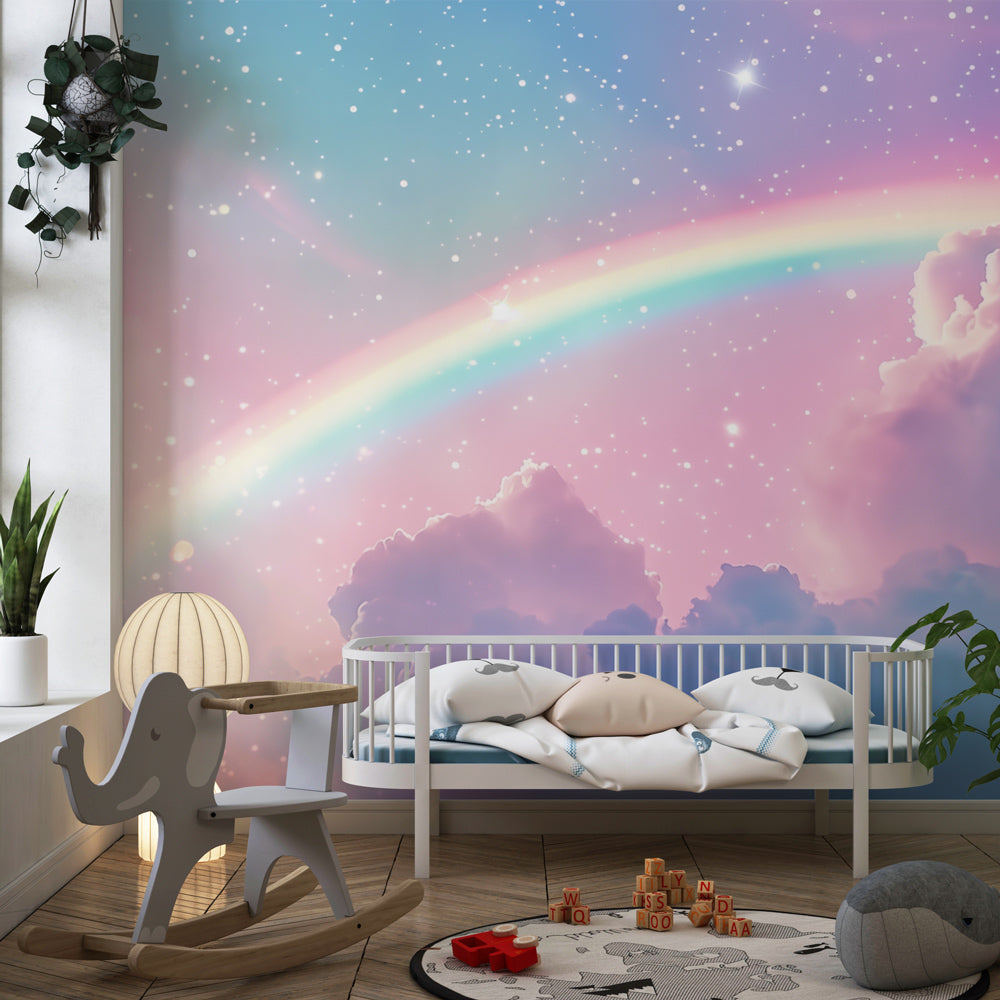 Kids-Mundo pastel rainbow wall mural brightening a cheerful children's playroom wall