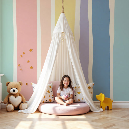 Kids-Mundo pastel rainbow stripe wall mural in a soft, sunlit nursery with a cot and rug