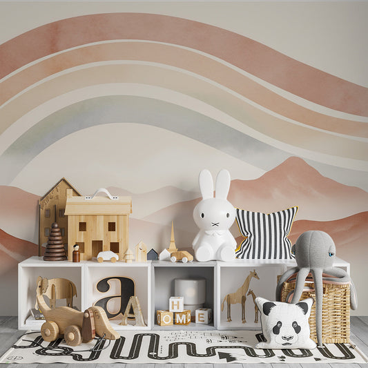 Kids-Mundo rainbow and mountain wall mural covering a feature wall in a kids bedroom