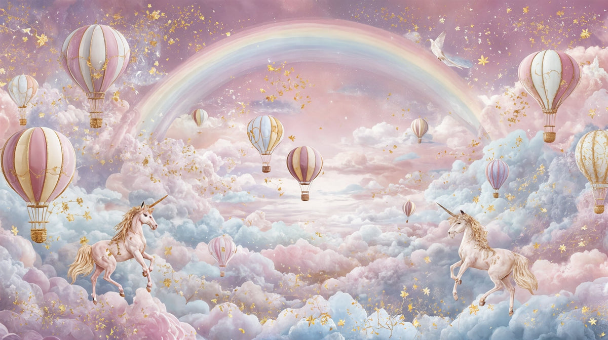 Rainbow Sky Unicorns and Hot Air Balloons Wall Mural