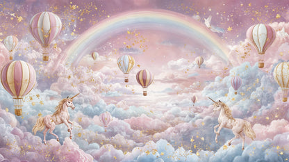 Kids-Mundo flat artwork preview of the rainbow, unicorns and hot air balloons wall mural