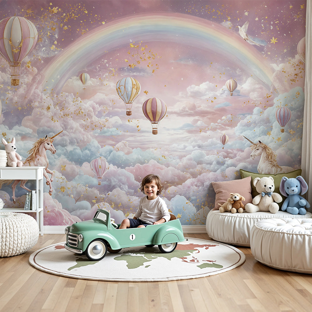 Kids-Mundo pastel rainbow unicorn wall mural styled in a soft pink baby nursery