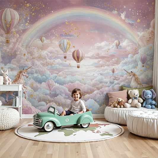 Kids-Mundo pastel rainbow unicorn wall mural styled in a soft pink baby nursery