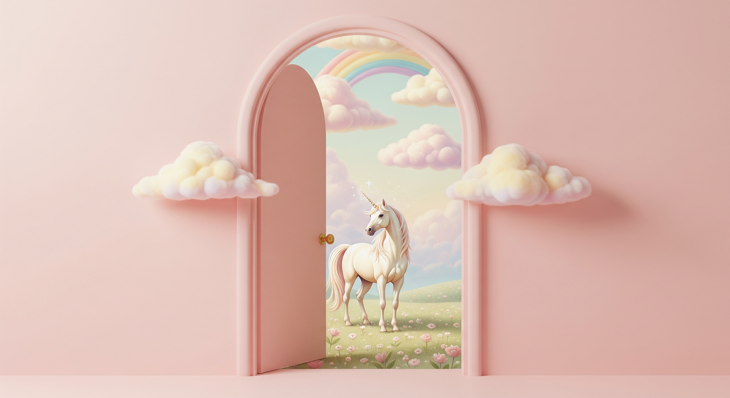Kids-Mundo flat artwork preview of the pastel rainbow unicorn door wall mural before printing.