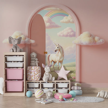 Kids-Mundo pastel rainbow unicorn door wall mural adding colour to a bright children's playroom.