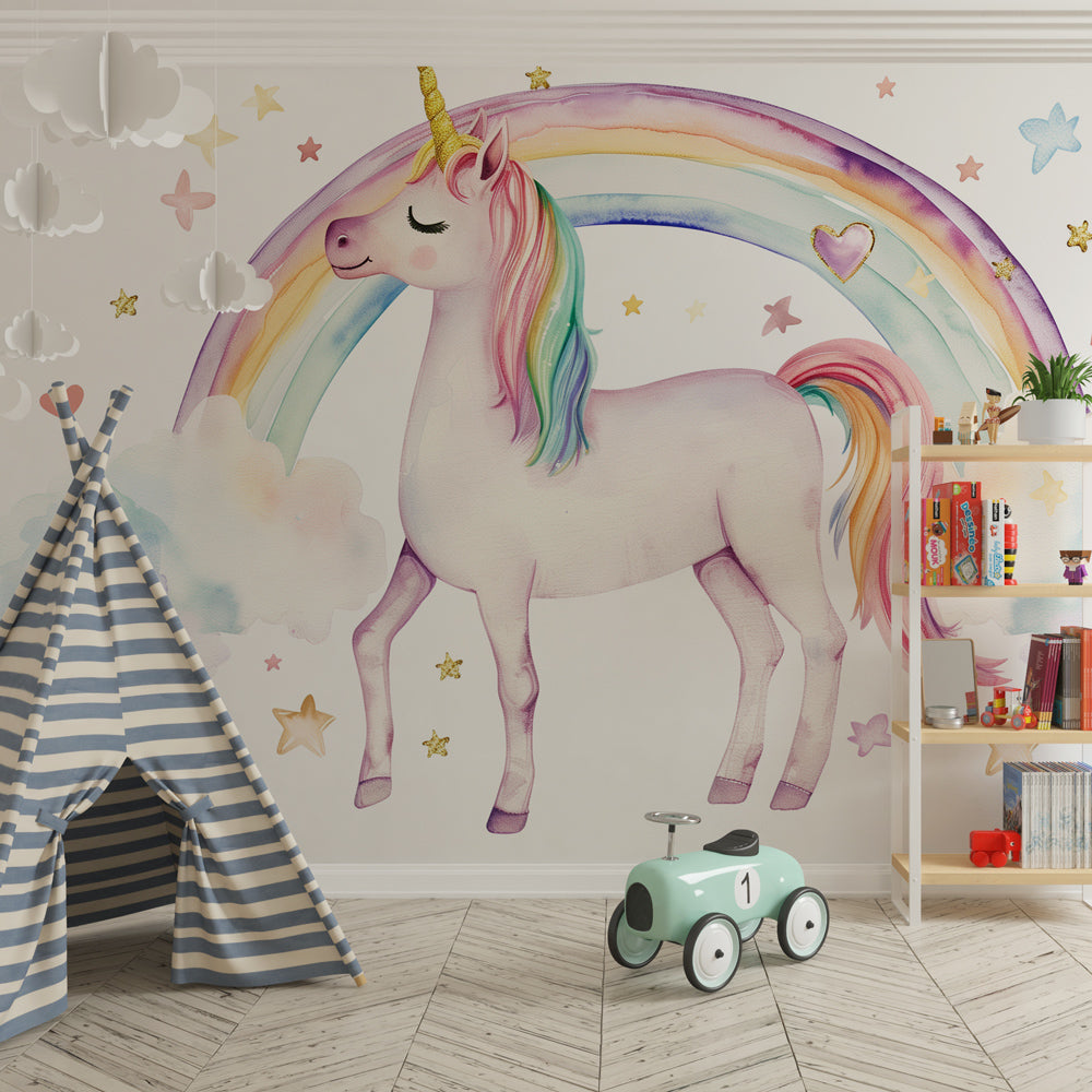 Rainbow unicorn wall mural styled on a kids bedroom wall by Kids-Mundo