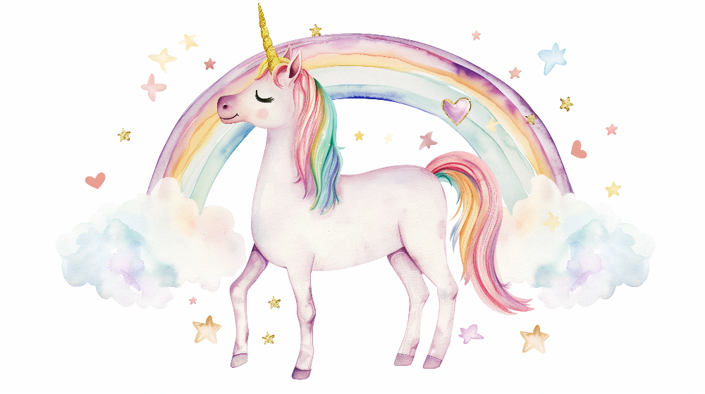 Flat artwork of a pastel unicorn beneath a rainbow with stars, Kids-Mundo wall mural