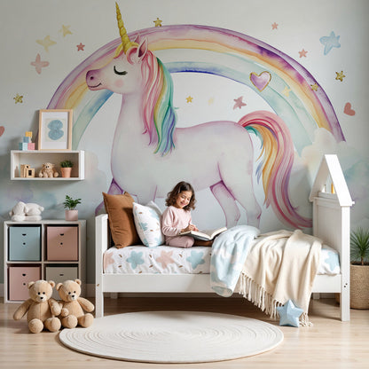 Pastel rainbow unicorn wall mural made to measure for a nursery, Kids-Mundo