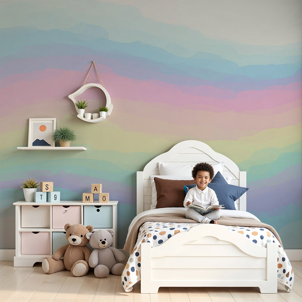 Kids-Mundo pastel rainbow wave wall mural above a cot in a bright, calm nursery.