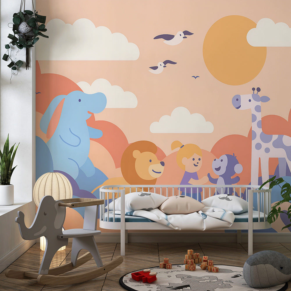 Kids-Mundo safari animal wall mural shown in a bright, playful kids' bedroom.