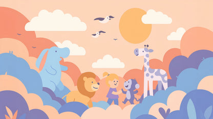 Kids-Mundo flat artwork of pastel safari animals and a child walking together.
