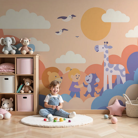 Kids-Mundo pastel safari wall mural styled in a soft, warm nursery room.