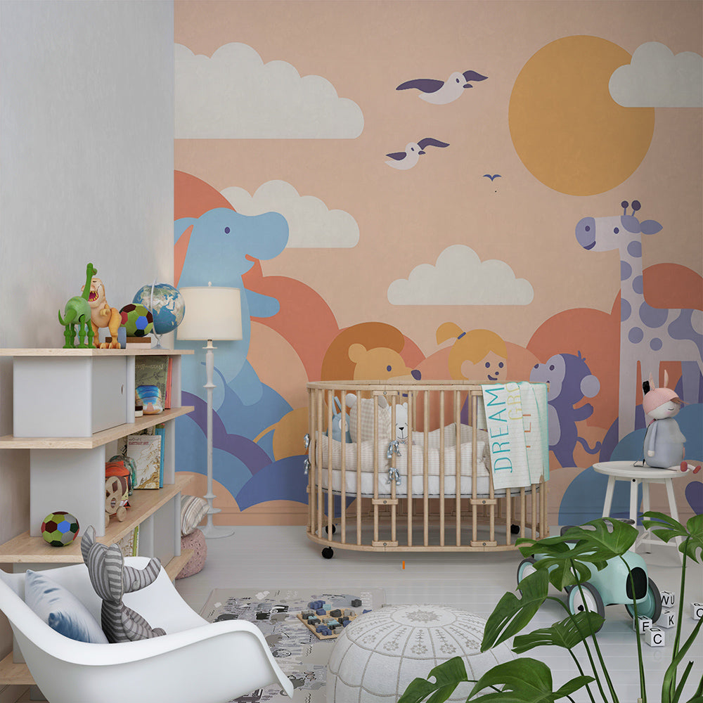 Kids-Mundo pastel safari friends wall mural pictured in a lively children's playroom.