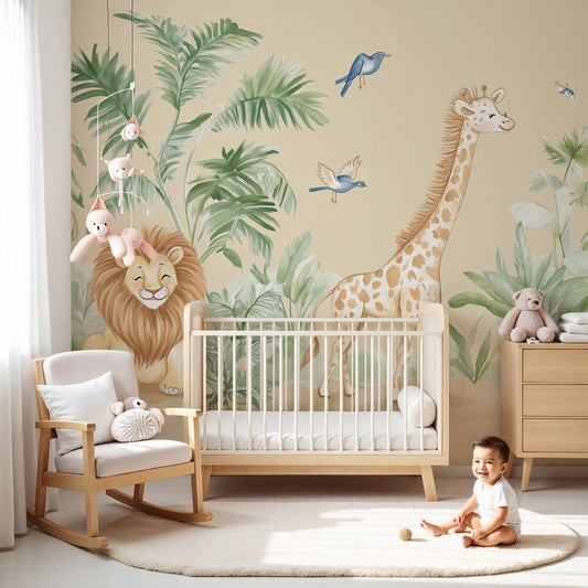 Kids-Mundo pastel safari animals wall mural shown as made-to-measure wallpaper in a soft nursery