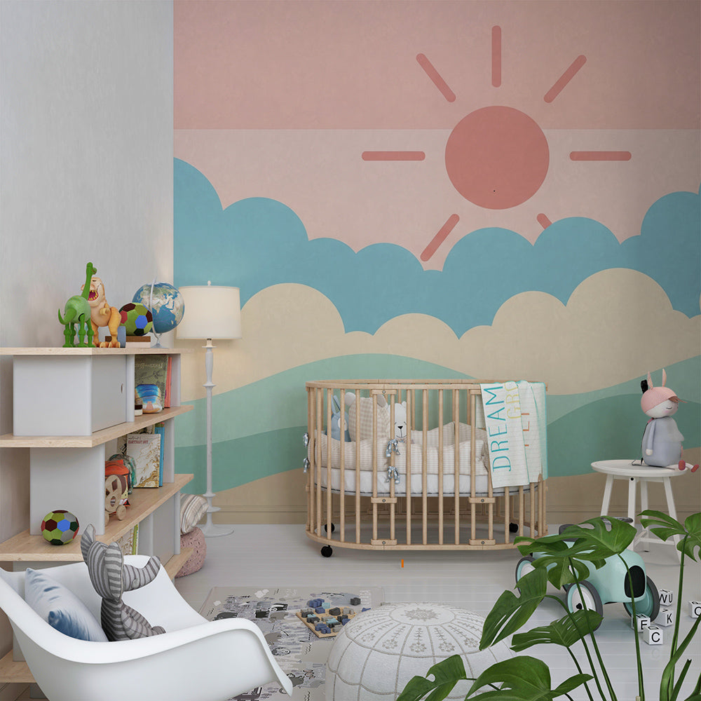 Kids-Mundo pastel sky wall mural covering a feature wall in a bright kids bedroom