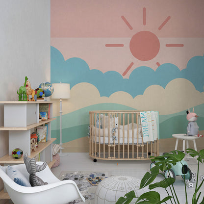 Kids-Mundo pastel sky wall mural covering a feature wall in a bright kids bedroom