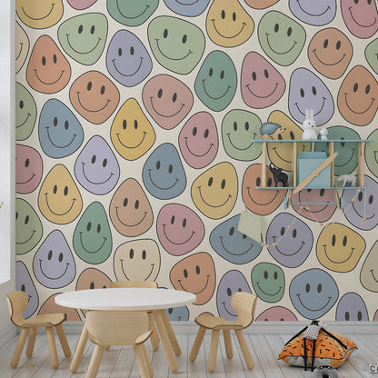 Kids-Mundo pastel smiley faces pattern wall mural styled in a kids bedroom