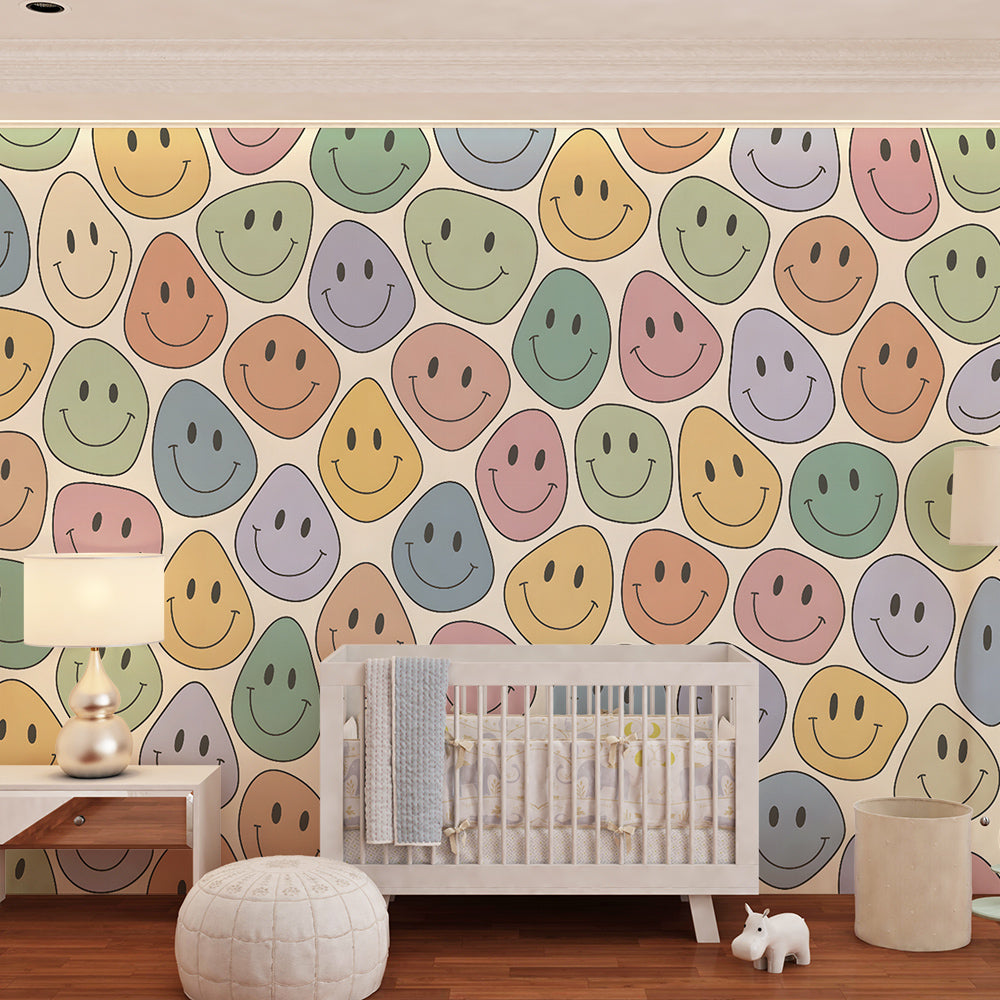 Kids-Mundo pastel smiley faces pattern wall mural featured in a colourful playroom