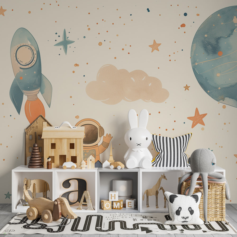 Kids-Mundo space wall mural bringing a playful backdrop to a toy-filled playroom.