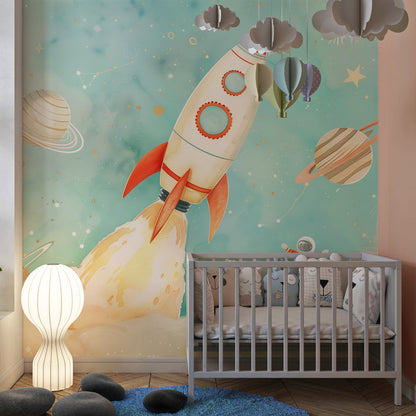 Kids-Mundo space wall mural with rocket launch styled in an adventure playroom