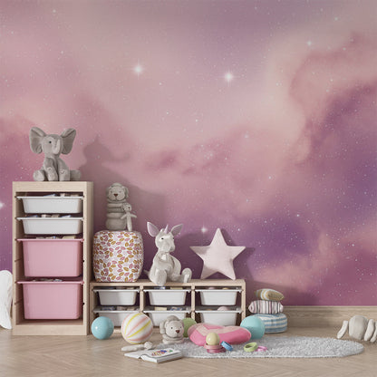 Kids-Mundo pink and lavender starry sky mural covering a feature wall in a bedroom