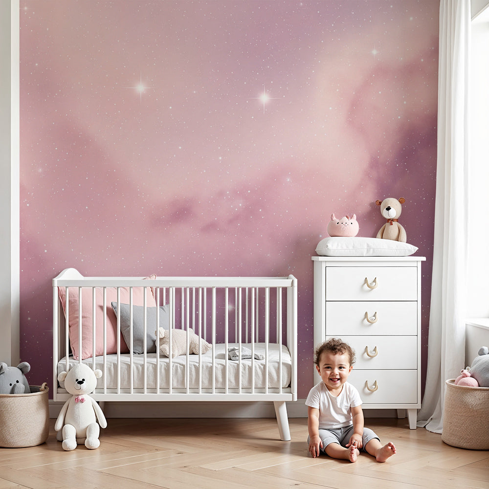 Kids-Mundo pastel starry sky wall mural styled as a soft backdrop in a baby nursery