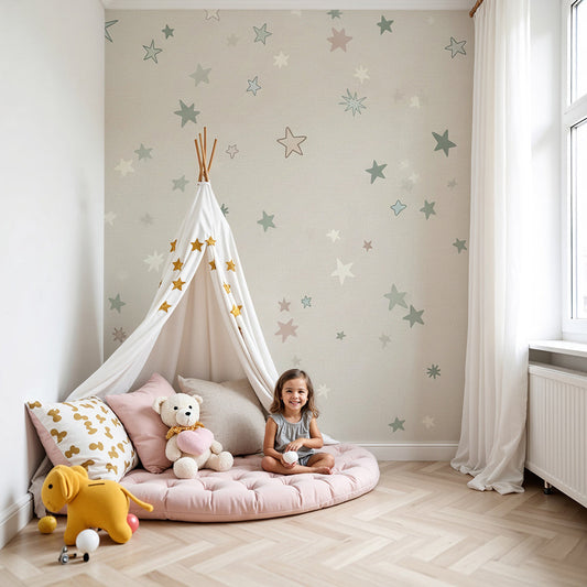 Kids-Mundo pastel star wall mural made to measure and installed in a warm beige nursery