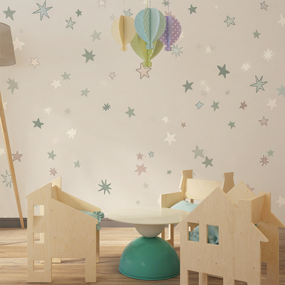 Kids-Mundo star pattern wall mural covering a wall in a bright, calm children's playroom