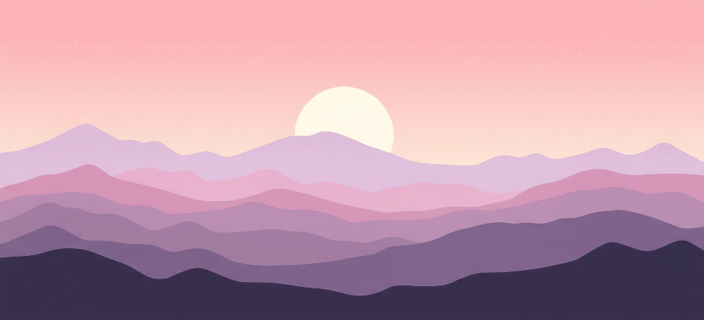 Kids-Mundo flat artwork of layered pastel mountains glowing softly at sunset