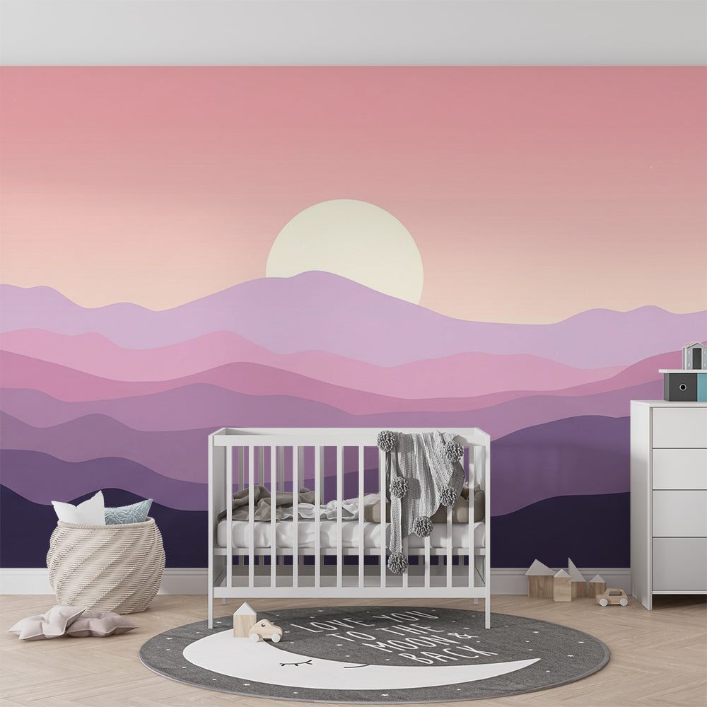 Kids-Mundo pastel sunset mountain mural decorating a soft-toned playroom wall