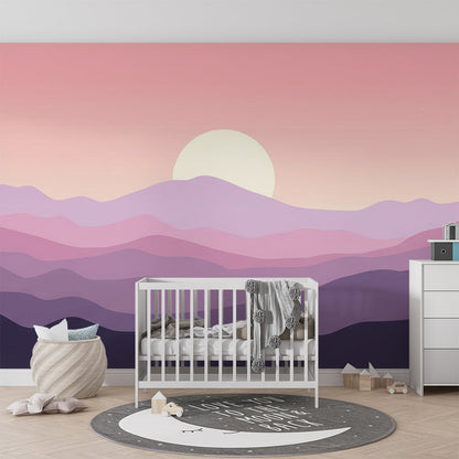 Kids-Mundo pastel sunset mountain mural decorating a soft-toned playroom wall