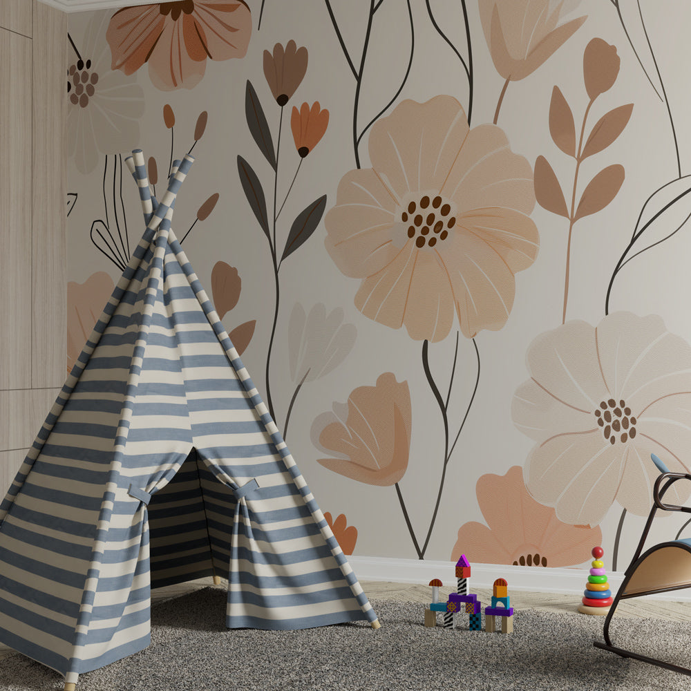 Kids-Mundo blush and terracotta floral wall mural behind a bed in a girls bedroom