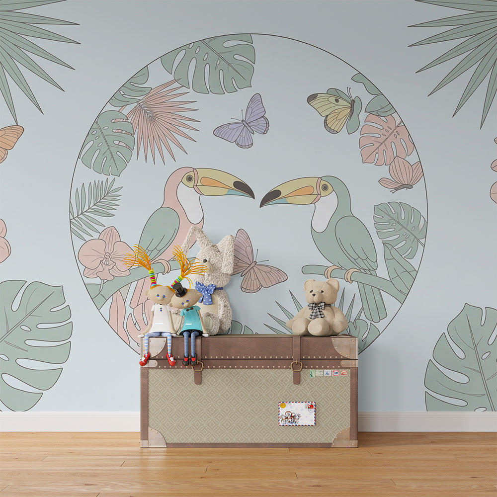 Kids-Mundo soft pastel toucan wallpaper mural with orchids in a kids bedroom