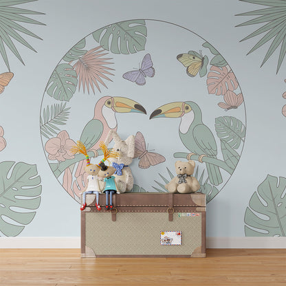 Kids-Mundo soft pastel toucan wallpaper mural with orchids in a kids bedroom