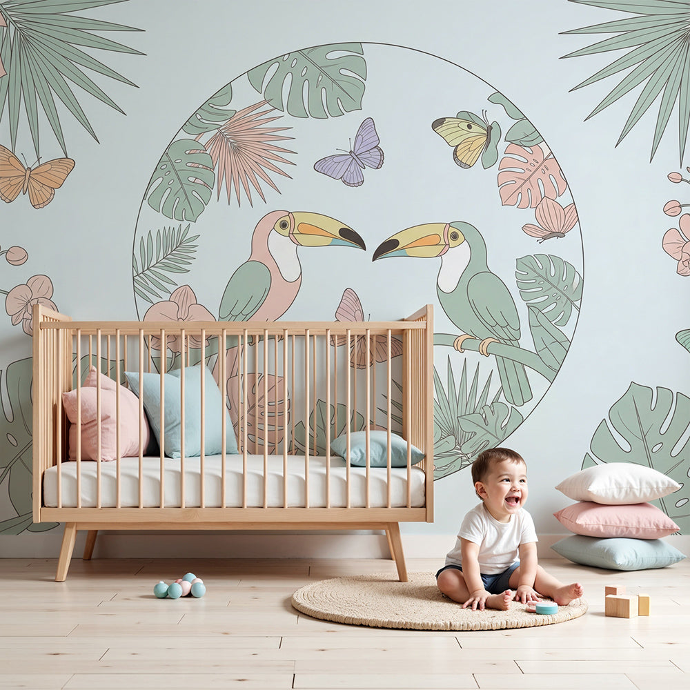 Kids-Mundo pastel toucan and orchid wall mural in a soft powder blue nursery