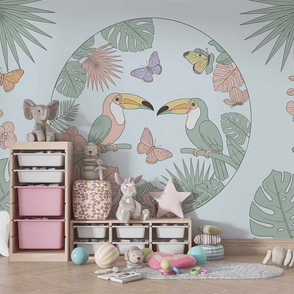 Kids-Mundo gentle pastel jungle wall mural with toucans in a calm children's playroom