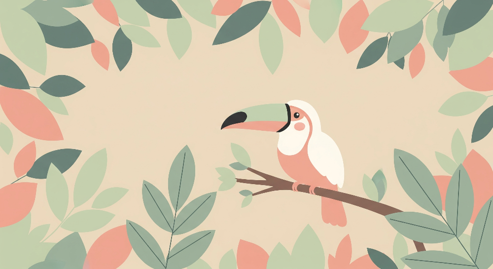 Kids-Mundo flat illustration of a toucan artwork on beige background with pastel sage and coral leaves.