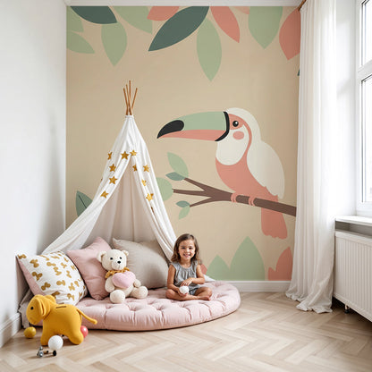 Kids-Mundo pastel toucan wall mural styled in a nursery, soft coral and sage leaves framing a calm perch.