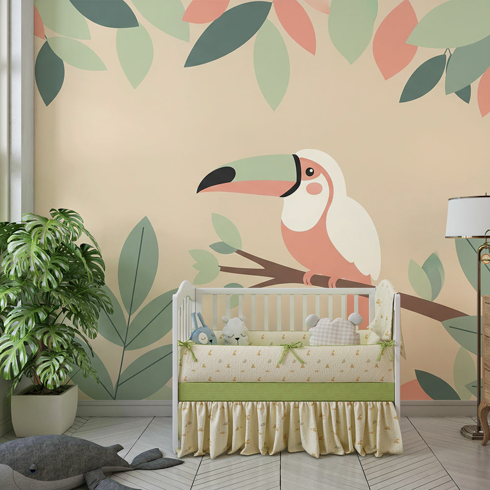 Kids-Mundo pastel toucan mural in a playroom, warm beige wall with soft green and coral leaf details.