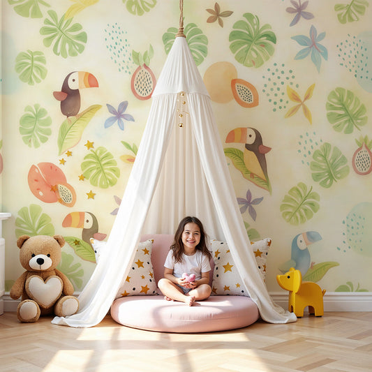 Kids-Mundo pastel toucan wall mural above a crib in a calm blush and cream nursery