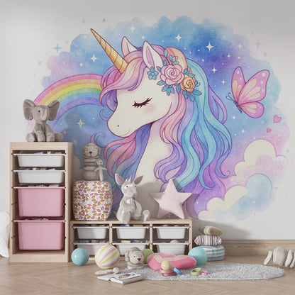 Kids-Mundo unicorn wall mural styled in a dreamy kids bedroom with a floral crown design