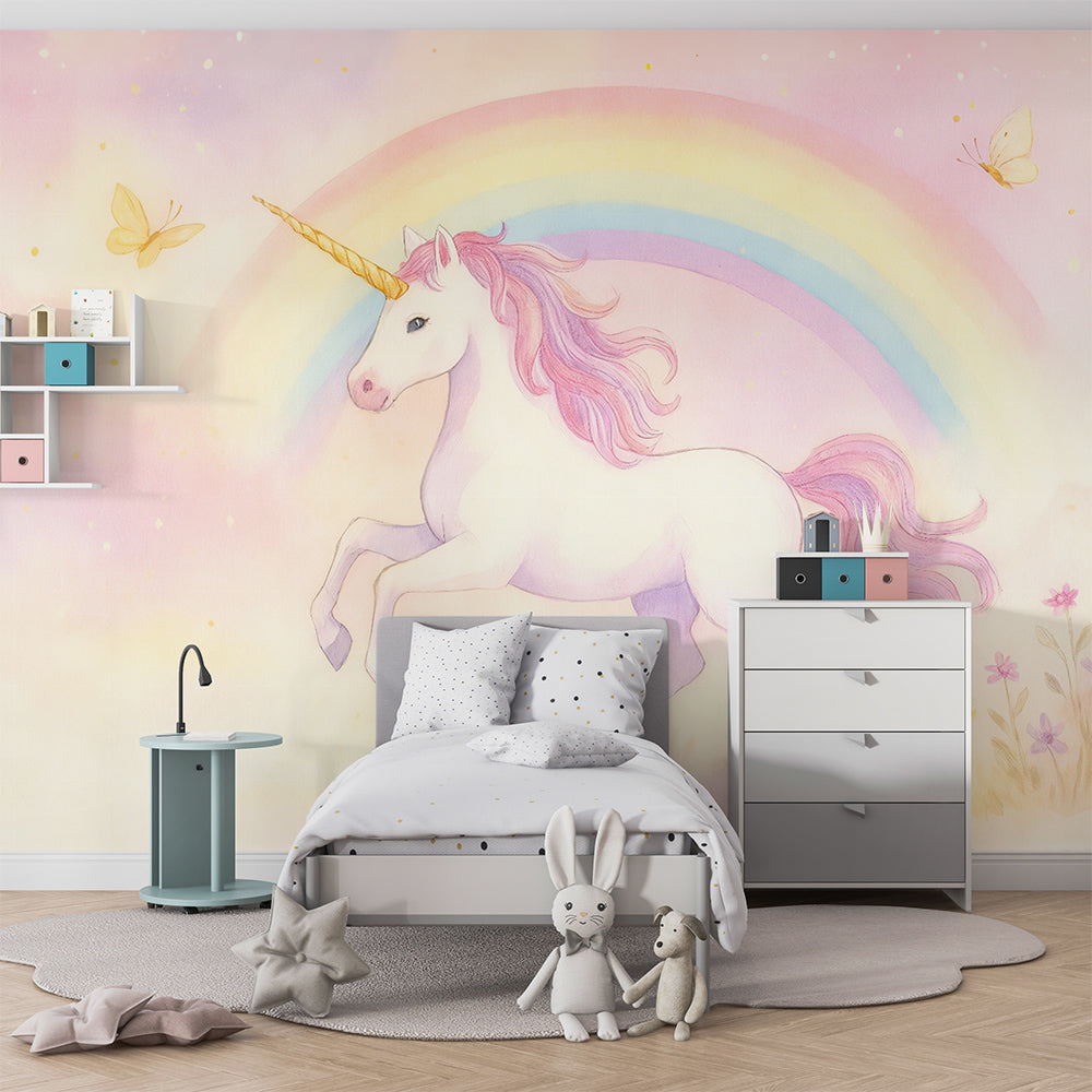 Kids-Mundo watercolour unicorn and rainbow wall mural behind a bed in a calm kids bedroom