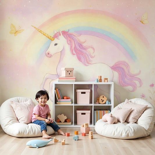 Kids-Mundo pastel watercolour unicorn wall mural styled behind a cot in a soft blush nursery