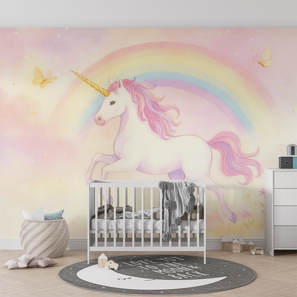 Kids-Mundo pastel unicorn wall mural covering a feature wall in a gentle playroom setting